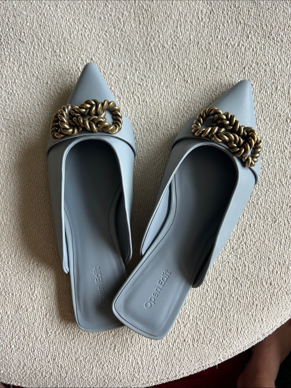 Open Edit Pointed-Toe Chain-Accent Mules in Light Gray